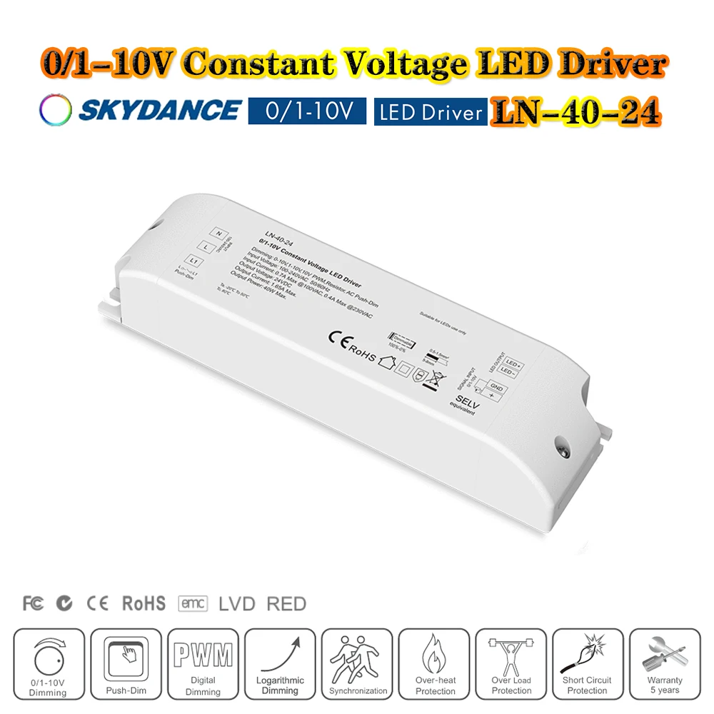 Skydance LN-40-24 AC100~240V to DC24V 0/1-10V 40W Dimmable Driver PWM Constant Voltage Push-Dim For Single Color LED Strip