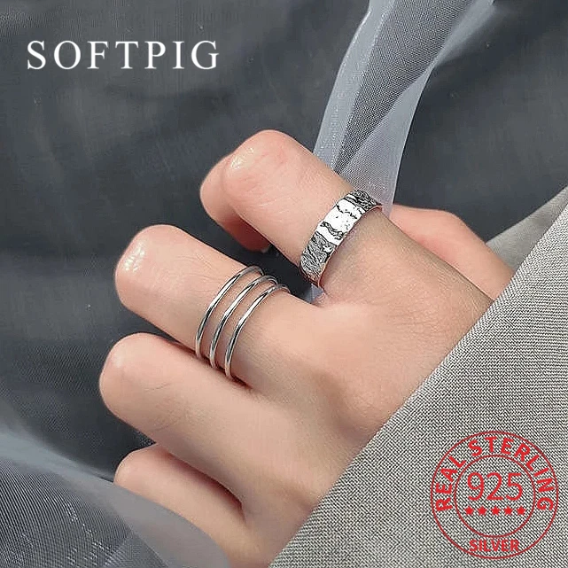 SOFTPIG Real 925 Sterling Silver Geometric Adjustable Ring For Women Party Classic Fine Jewelry Minimalist Accessories