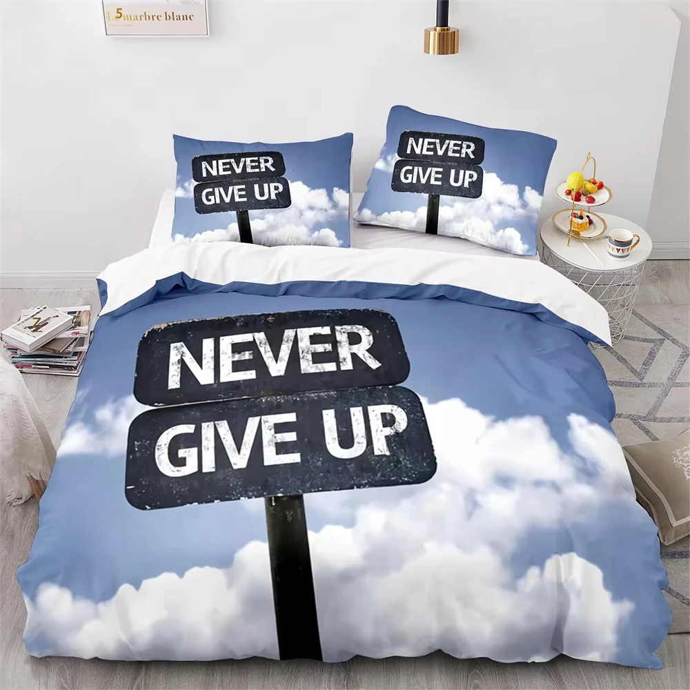 Never Give Up Theme Duvet Cover Set White Cloud Pattern Comforter Cover King Queen Full Twin Size Bedding Set for Kids Teens