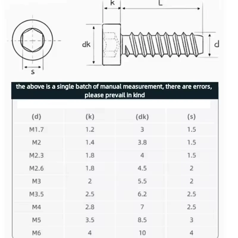 304 Stainless Steel Hexagon Socket Cap Head Flat Tail Self-tapping Screws M3.5 M4 M5 M6 Length 6-50mm