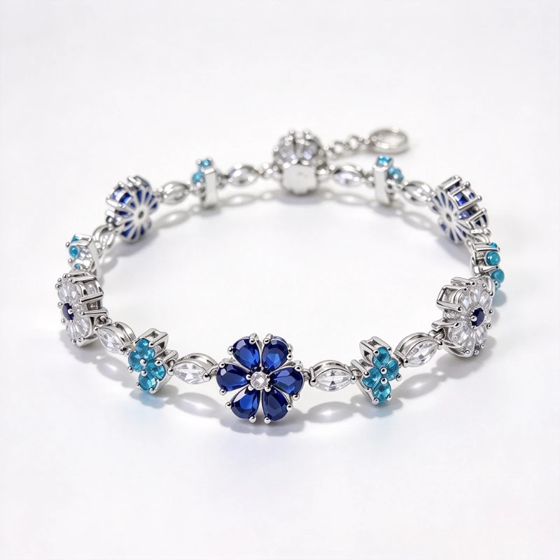 Flower Link Bracelet, Copper Alloy Inlaid Blue & Clear Zircon, Elegant Luxury Style Jewelry for Women, Suitable for Daily Wear, Dating, Banquet, Wedding and Festival Gift