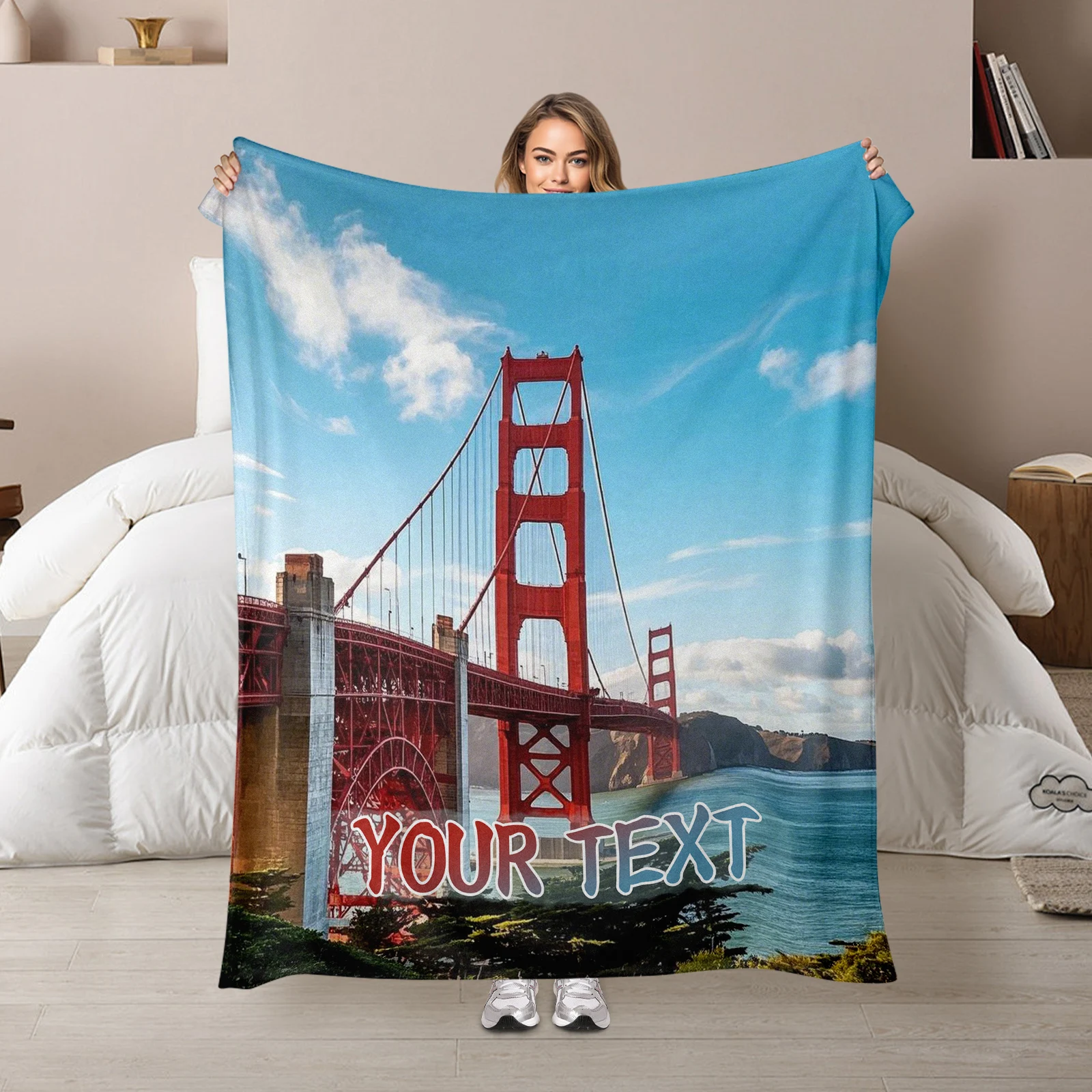 Golden Gate Bridge Inspired Flannel Blanket Allowing One Custom Text, Perfect For Loved Ones