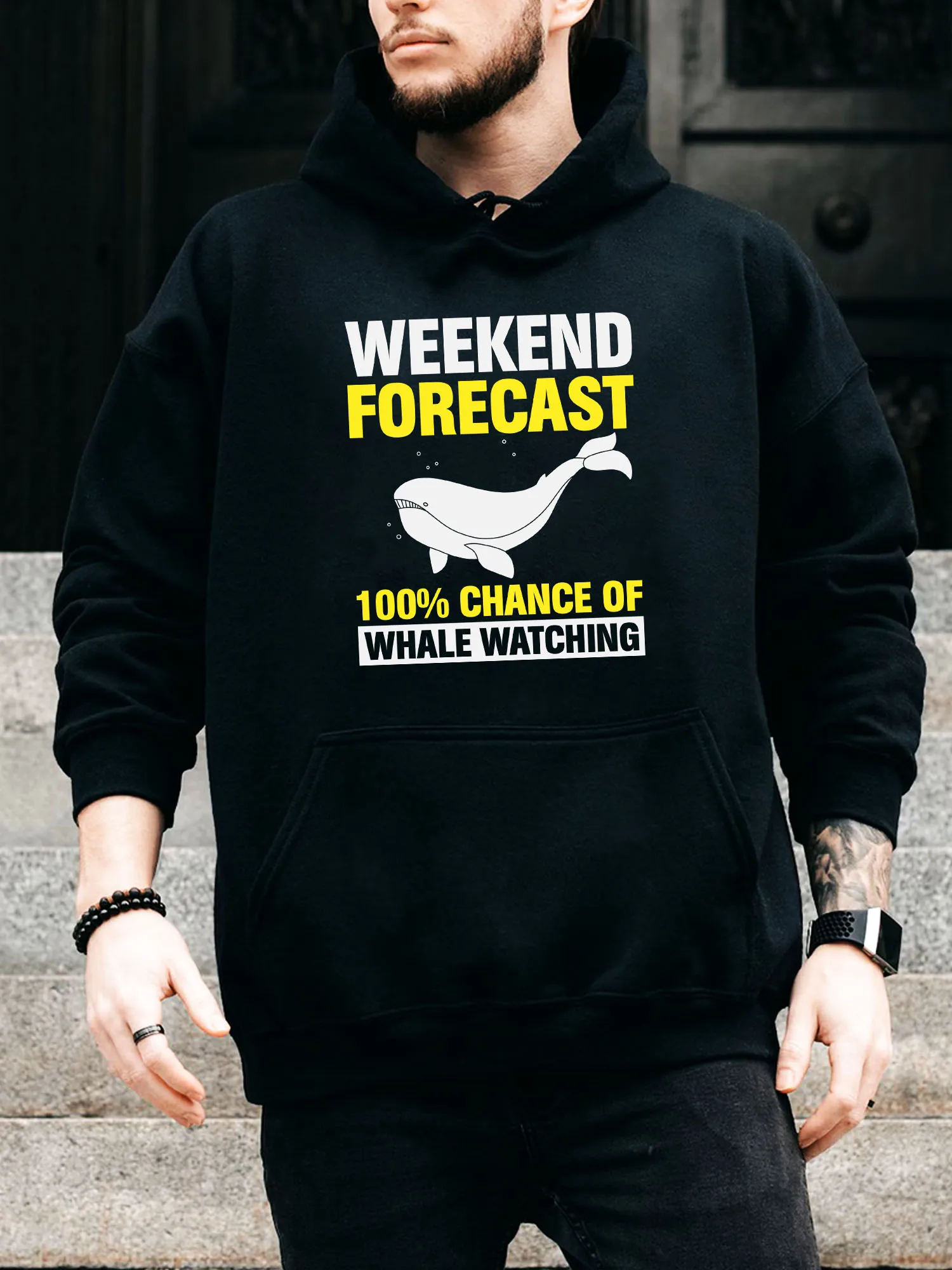 

Weekend Forecast Whale Men's Drawstring Hoodie - Casual Comfortable Black Pullover, Fall & Winter Hooded Sweatshirt
