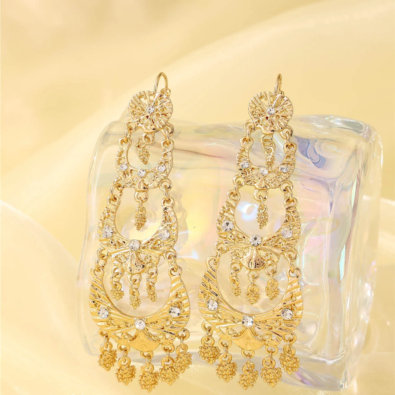 Gilded Ladies' Earrings, Multi-Layered, Luxurious Dignified, Middle Eastern Bridal Party Accessories, Performance Jewelry