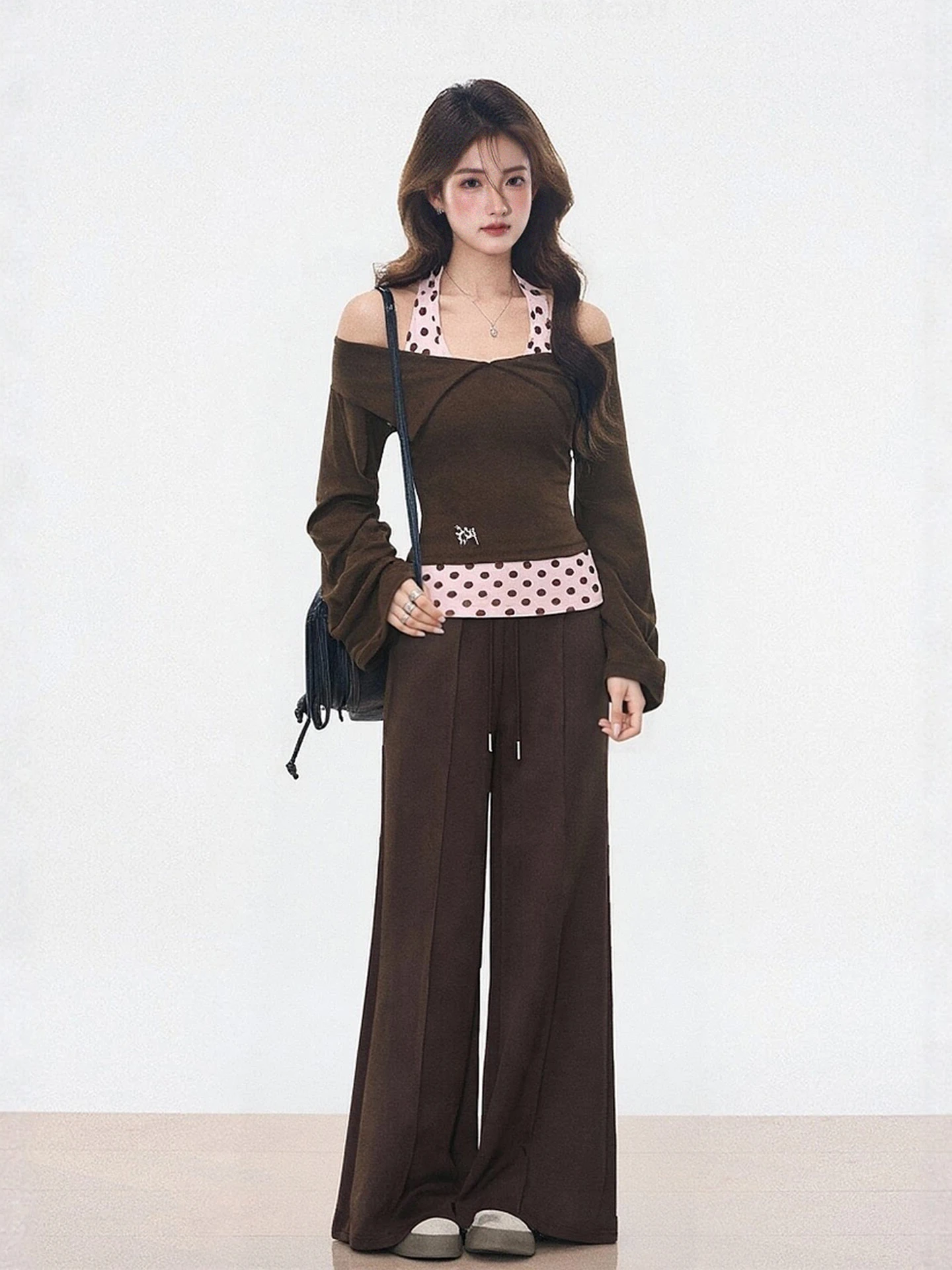 

Spring Season Polka Dot Knitted Long Sleeve Women's Top And Pants Set Shoulder Baring Fashionable Slim Fit Three Piece Ensemble