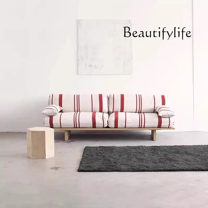 Medieval solid wood sofa living room small apartment straight three-person retro fabric sofa designer