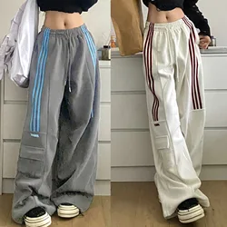 American Retro Lazy Style Wide Leg Pants Women Solid Stripes Elastic High Waist Drawstring Loose Casual Straight Sports Trousers