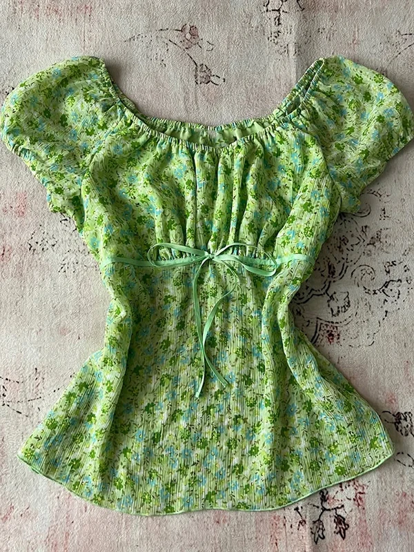 

Original een Floral Print One oulder Chiffon Top Women's Summer Faion Trendy Small irt Vintage Sle ort Sve