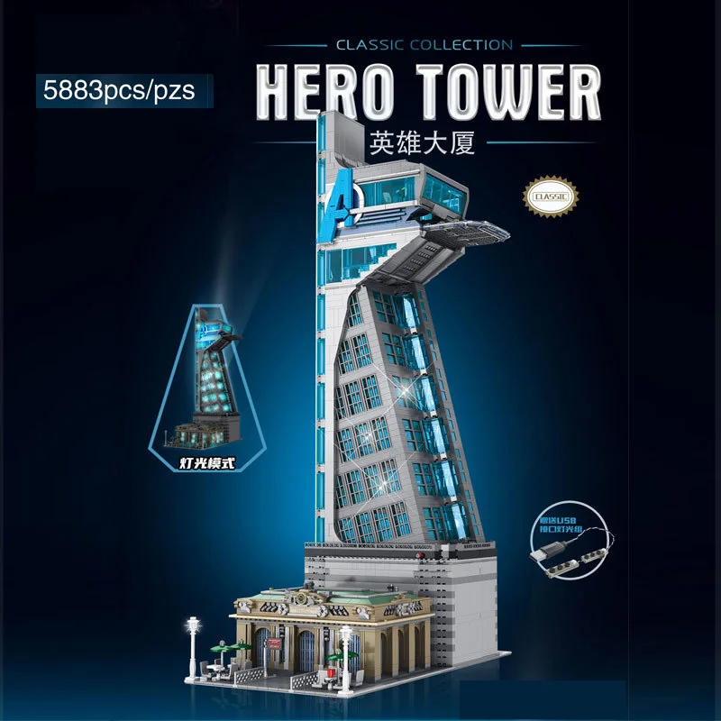 5883 PCS Moc 55120 Hero Tower Iron Tower Man Base Model with LED Lights Building Block Bricks Toys Birthday Christmas Gifts