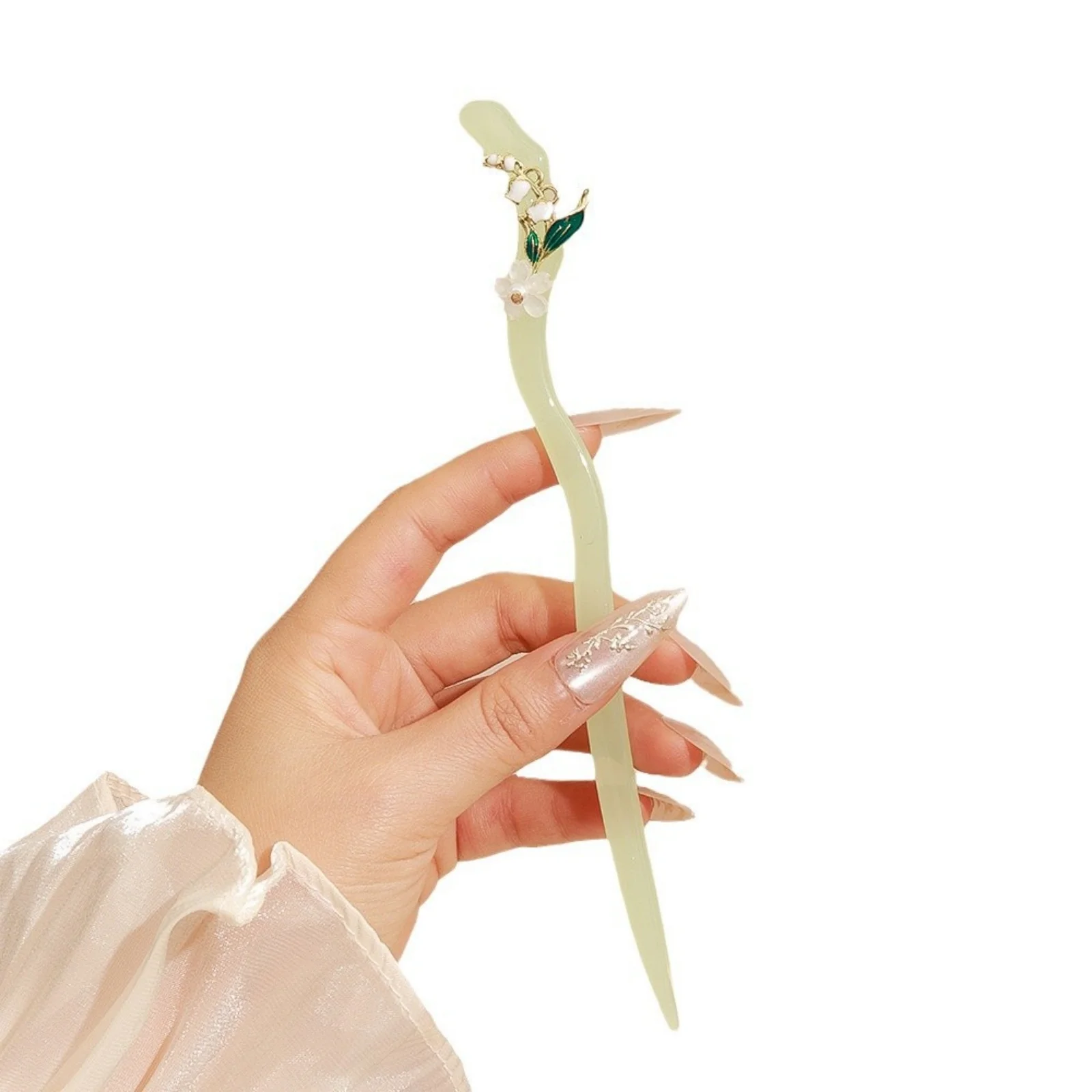 1 Stück grüne und weiße Blumen-Haarstäbchen, Jade – wie Haarnadeln-Set, perfekt für empfindliche und anmutige Hochsteckfrisuren von Frauen – Detail 6