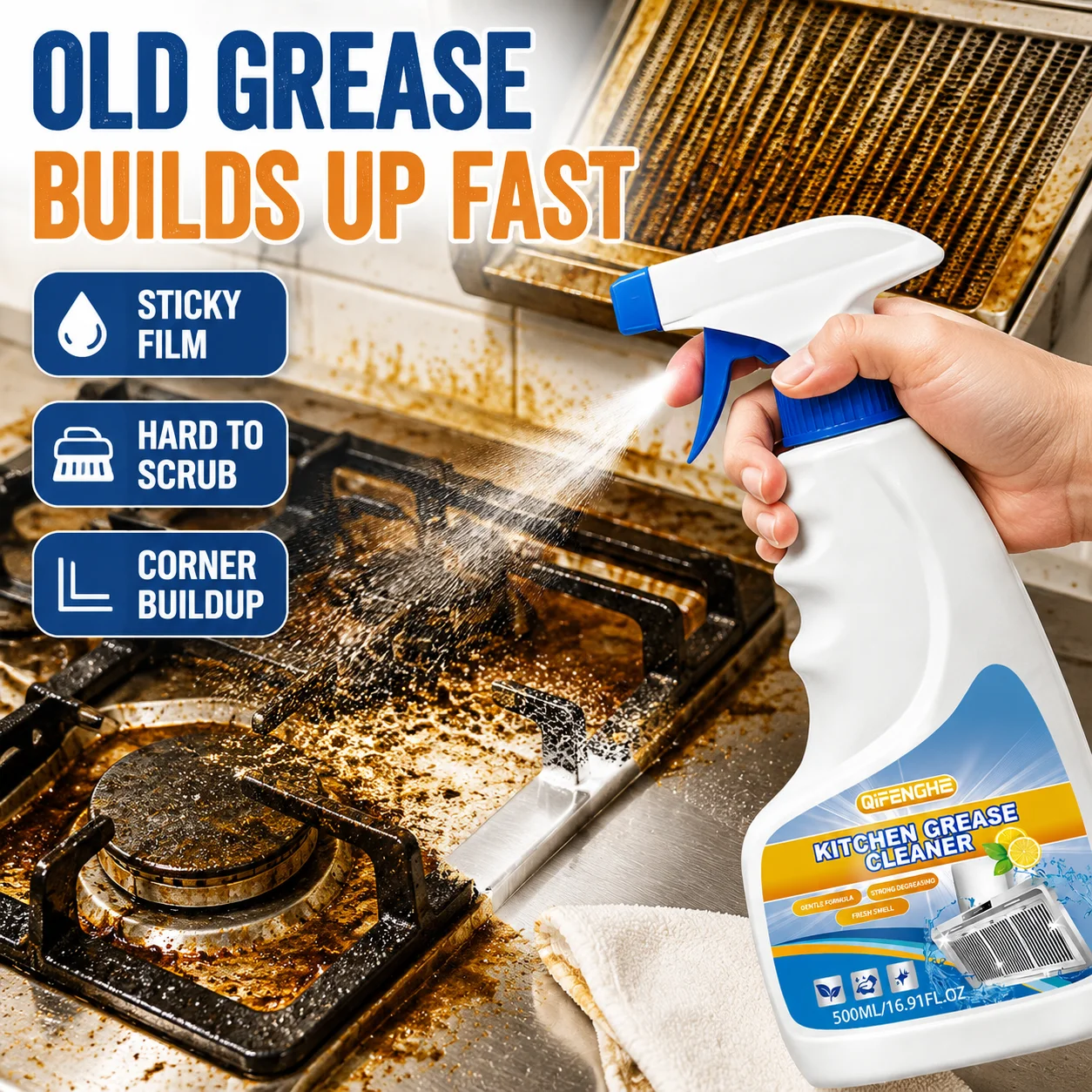 500ml Kitchen Degreaser Spray for Stove Top Range Hood Oven Cooktop Powerful Grease Grime Oil Cleaner Easy Wipe Fresh Scent Home