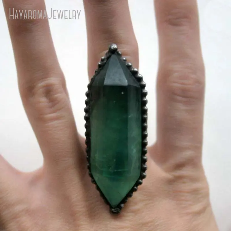 Emo Green Fluorite Crystal Double Point Cocktail Statement Halloween Stainless Steel Ring Women Gothic Goth  Jewelry