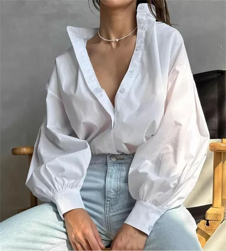 Camisas elegantes con temperamento para mujer, Tops lisos de un solo pecho con manga acampanada, blusa holgada y versátil para primavera y otoño, informal para oficina para mujer