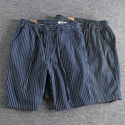 Retro Pinstripe Washed Denim Shorts for Men Blue Casual Loose Straight Half Pants for Youth Male 100% Cotton Harajuku Vintage