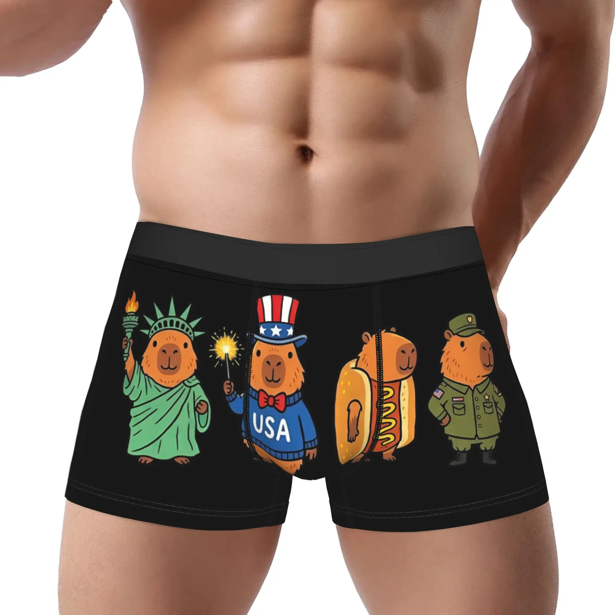 Cool Capybara Patriotic Vintage Memorial Day Underpants Homme Panties Ropa interior para hombre Pantalones cortos cómodos Calzoncillos tipo bóxer