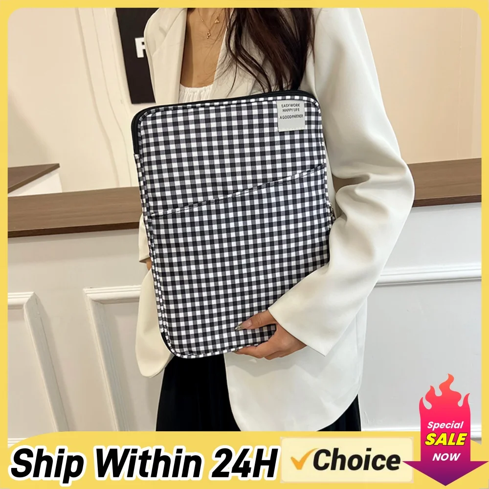 Nylon Plaid Tablet Laptop Sleeve 14 Inch Portable Computer Inner Bag Notebook Case Multi Pocket Organizer for Business Travel