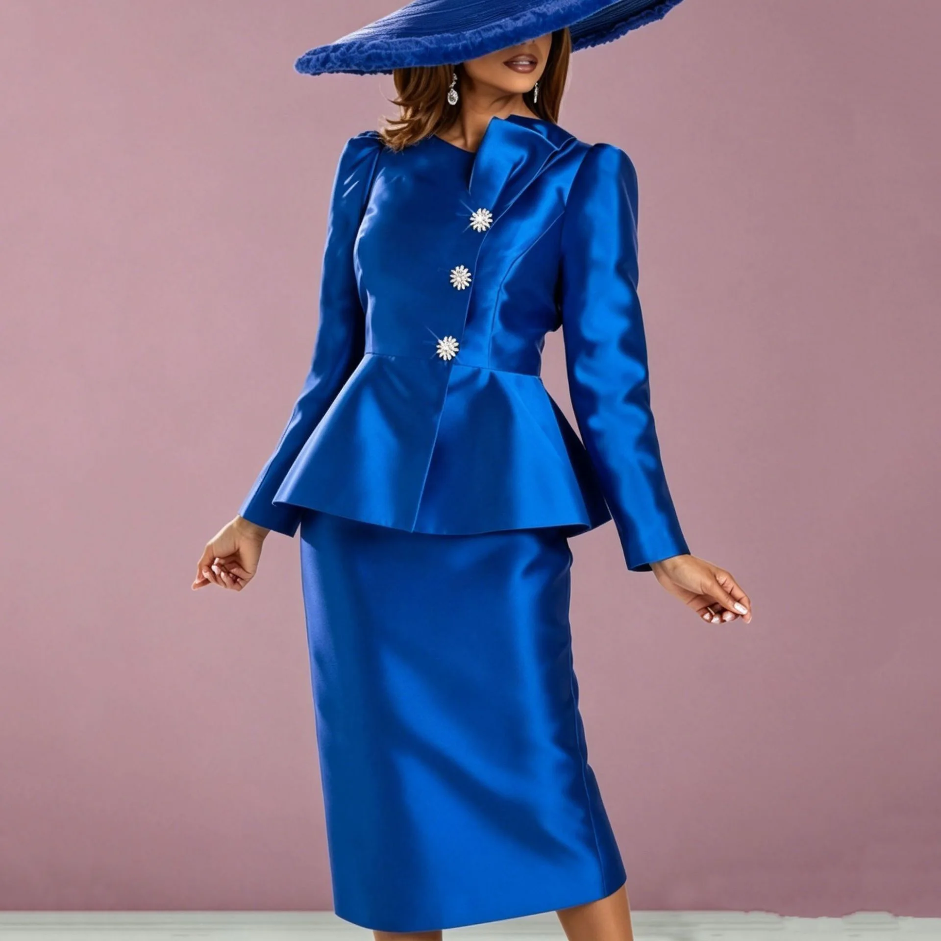 Elegante Damen 2-teilige Rock-Sets Kleidung für Afrikanische Damen Blaue Einfarbige Bluse Einreihige Langarm-Oberteile & Rock-Sets – Detail 8