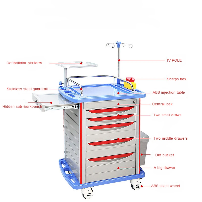 2022 Good price hospital equipment emergency medical trolley with drawers