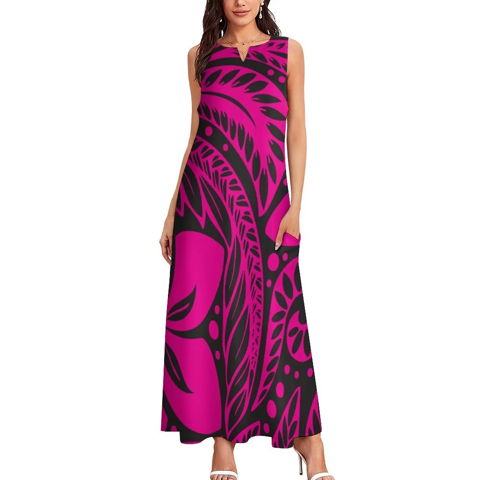 Pink Over Black Polynesian New Zealand Floral Tattoo Long Dress african dresses for woman Long dresses Dress