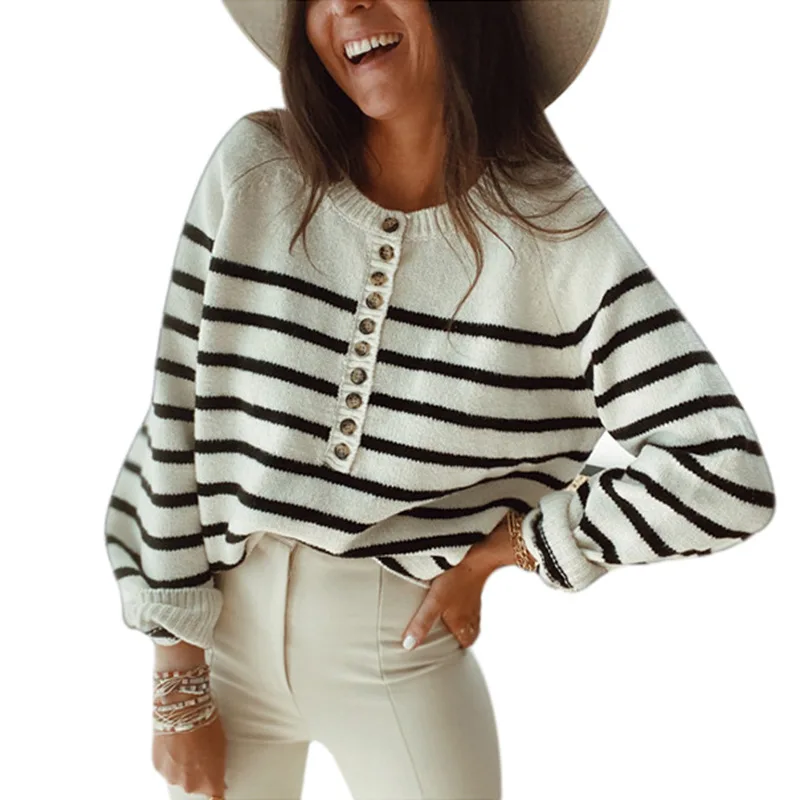 Autumn and Winter New Stripe Pullover Top Fashion Button Open Front Women\'s Sweater