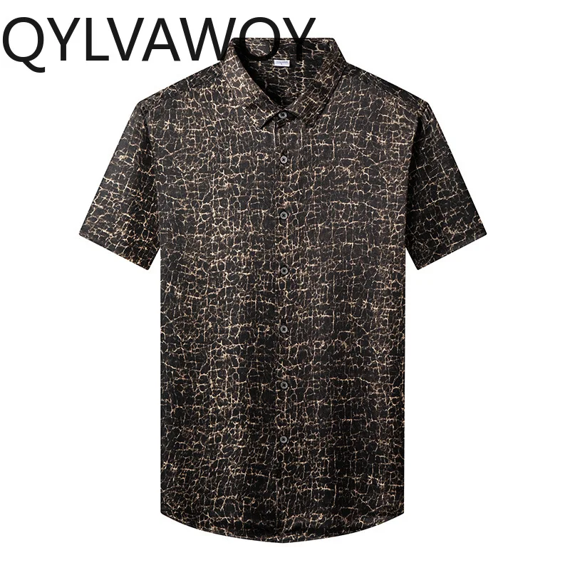 QYLVAWOY Men's Shirts Short Sleeve Summer Tops 92% Real Mulberry Silk Shirts for Man Jacquard Lapel Shirt Man Clothing Premium