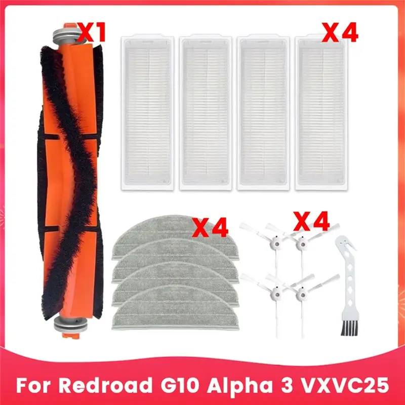 

Запасные части для робота-пылесоса Redroad G10 Alpha 3 VXVC25: основная и боковые щетки, HEPA-фильтр, салфетка для влажной уборки, аксессуары.