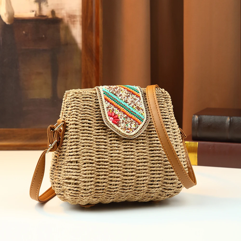 

2026 Bohemian Woven Tote Bag Contrasting Handmade Cotton Thread Crochet Lightweight Vacation Beach Bag