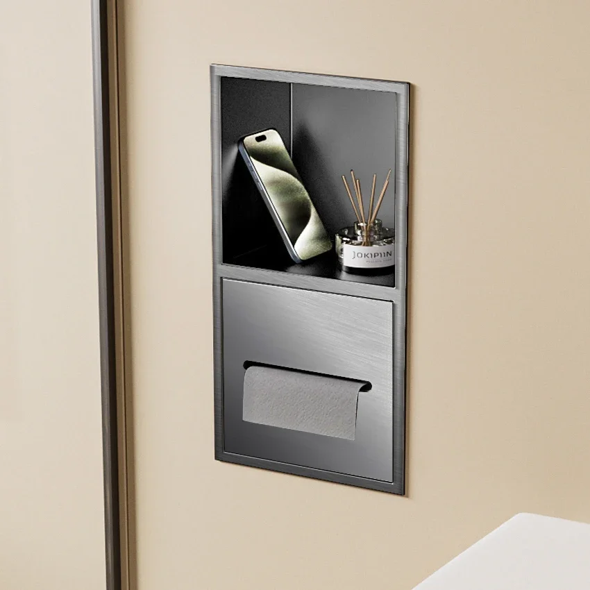 yyhcCustom Stainless Wall Niche Kitchen Bathroom Shower Niche Storage Cabinet Gray Wall Shelf with Tissue Box Paper Roll Holder