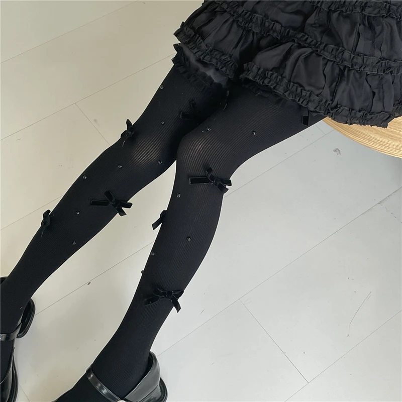 Lolita Velvet Bow Pantyhose for Women Lovely Cream Color Pearl Decoration Tights Girls JK Kawaii Winter Autumn Tights Ladies