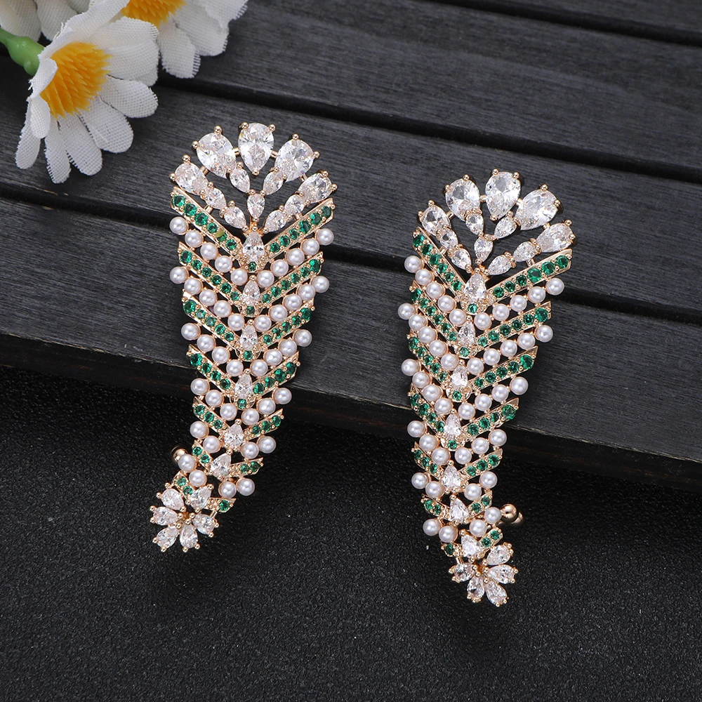 

1 Pair Gold Pearl Emerald Crystal Feather Earrings for Luxury Gala Fashion Women's Jewelry Gift for Anniversary