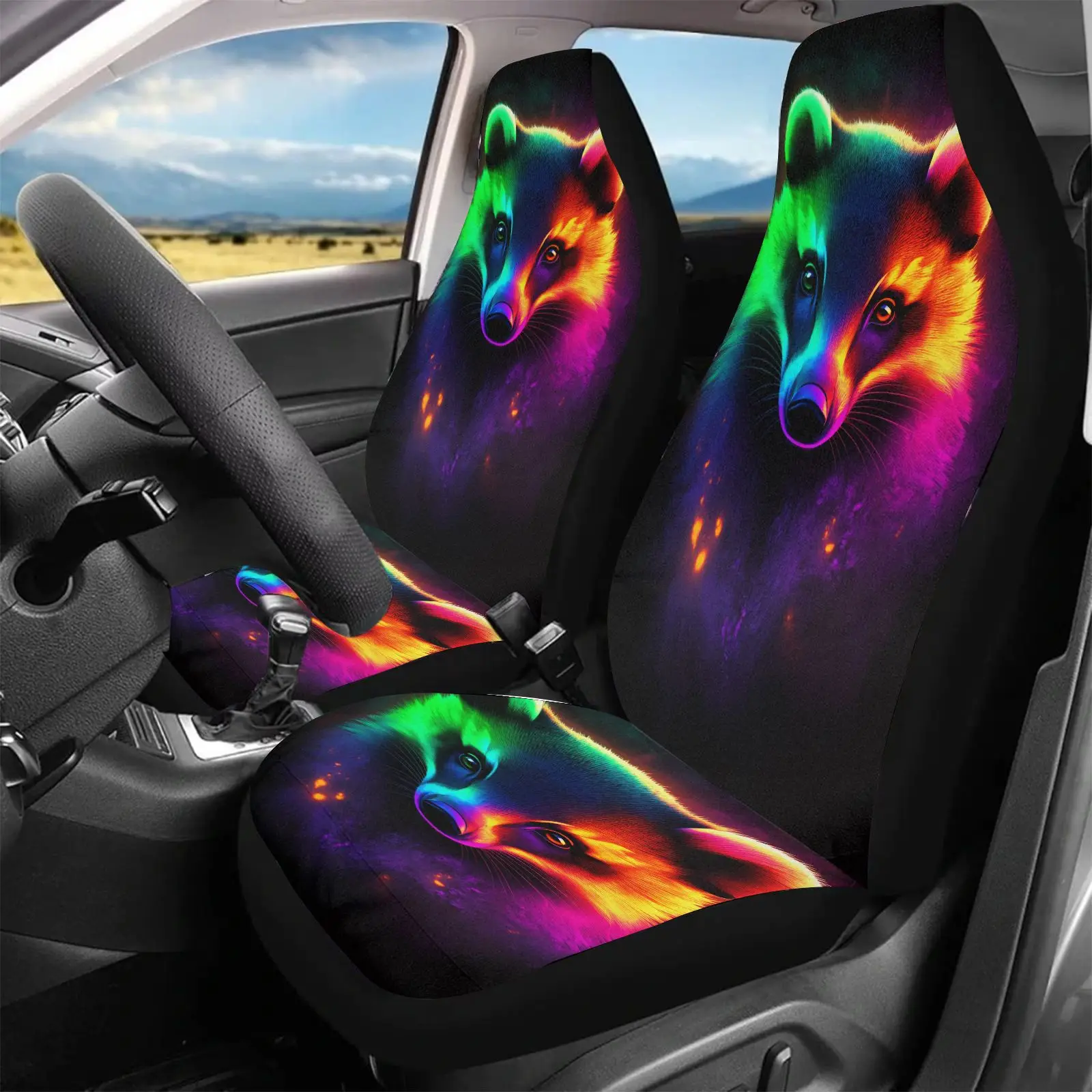 2pcs Car Seat Covers | Car Seat Covers Rainbow Fox Print Universal Fit For Car Interior Decoration With Vibrant Colorful Animal