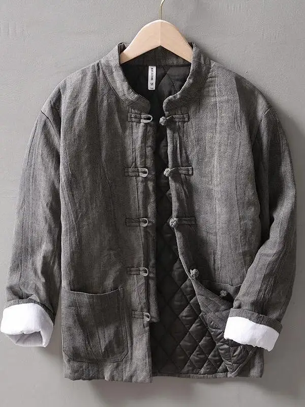 

Loose Fit Men's Cotton Linen Jaet Winter Warm Coat Large Size Open Button Cotton Clothes Faion Urban Sle Long Sve