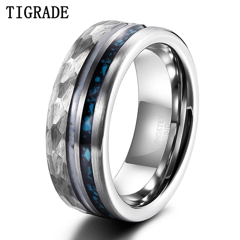 Tigrade 8mm Silver Color Tungsten Wedding Band Rings For Men Deel Antler and Crushed Turquoise Metal Inlay Groove Hammered Ring