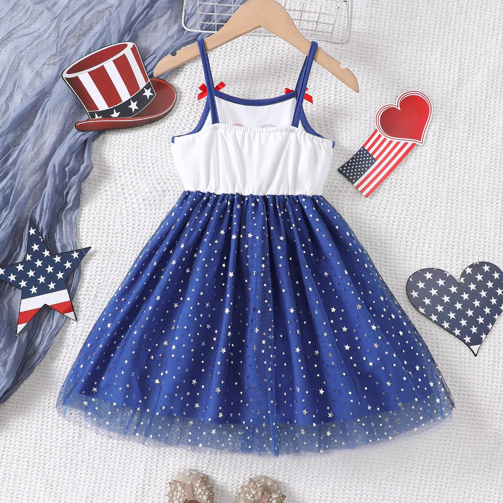 Girls' spring and summer American Independence Day festive dress with spaghetti straps, bowknots, heart patches, stars, and mesh