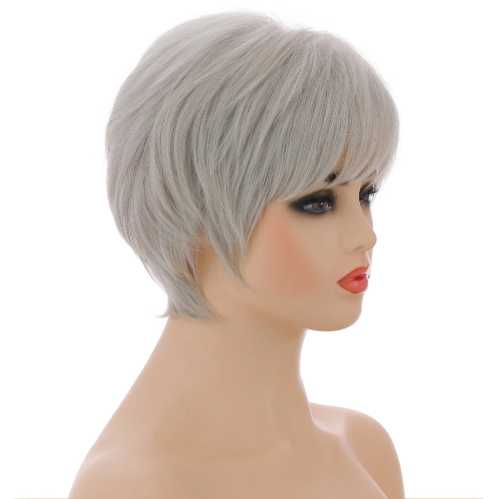 Short Synthetic Hair Silver White Straight Wave Wigs For Women Pixie Cut Natural Wig Old Lady Wig Granny Grey Blanche Daily Use