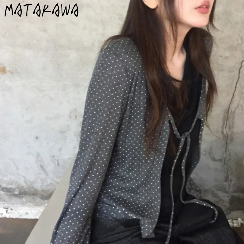 

Matakawa Y2k Clothes Blouses Lace Up Sunscreen Polka Dot Spring Autumn Woman Shirts Korean Fashion V Neck Retro Blusas Mujer
