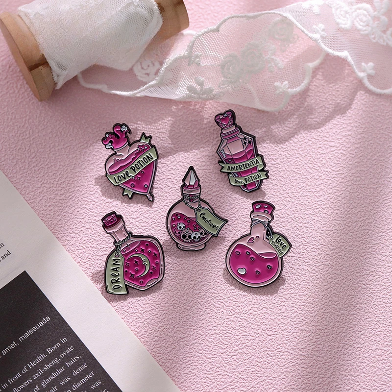 Potion of Magic Love Enamel Pins Custom Dream Chemical Bottle Witch Wizard Brooches Lapel Badges Gothic Jewelry Gift Wholesale