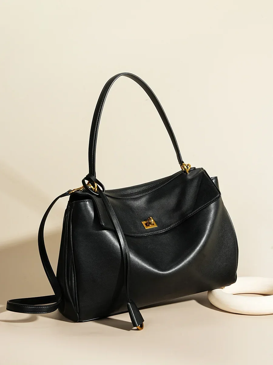 New Rodeobag Leather Kelly Bag Women's Bag Large Capacity Advanced Lock Fashion High Sense Underarm Bag