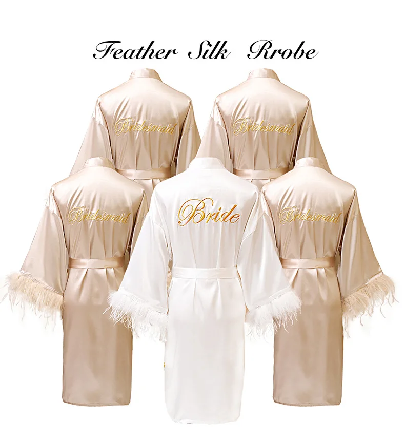 Women FEATHER Bride Bridesmaid Wedding Robe Satin Kimono Bathrobe Gown Nightwear Embroidery Letter Nightgown V-Neck Lingerie