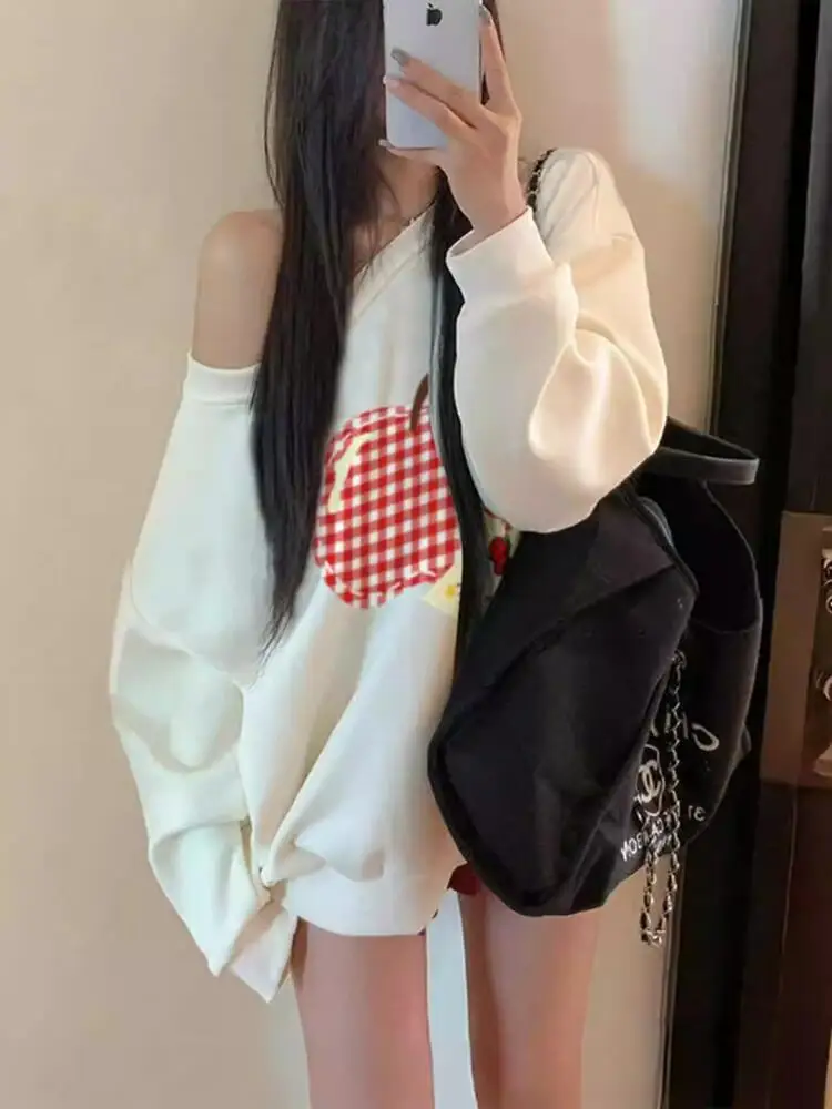 오프숄더 후드티 여성 루즈핏 캐주얼 긴팔 상의 봄 가을 얇은 프린트 스웨트셔츠 스파이시 걸 Y2K 스트릿웨어