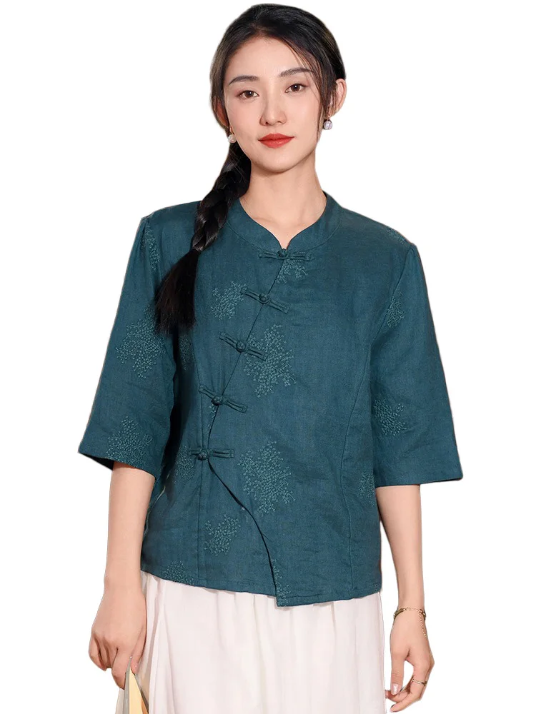 

Льняная рубашка Женская традиционная китайская одежда с современной вышивкой