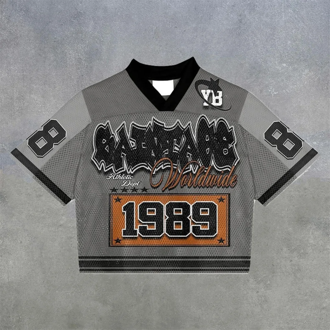 Herren Sommer Nummer 00 Space Club Print Mesh T-Shirt Top V-Ausschnitt Oversized Kurzarm Streetwear Lässiges Mode-T-Shirt – Detail 5