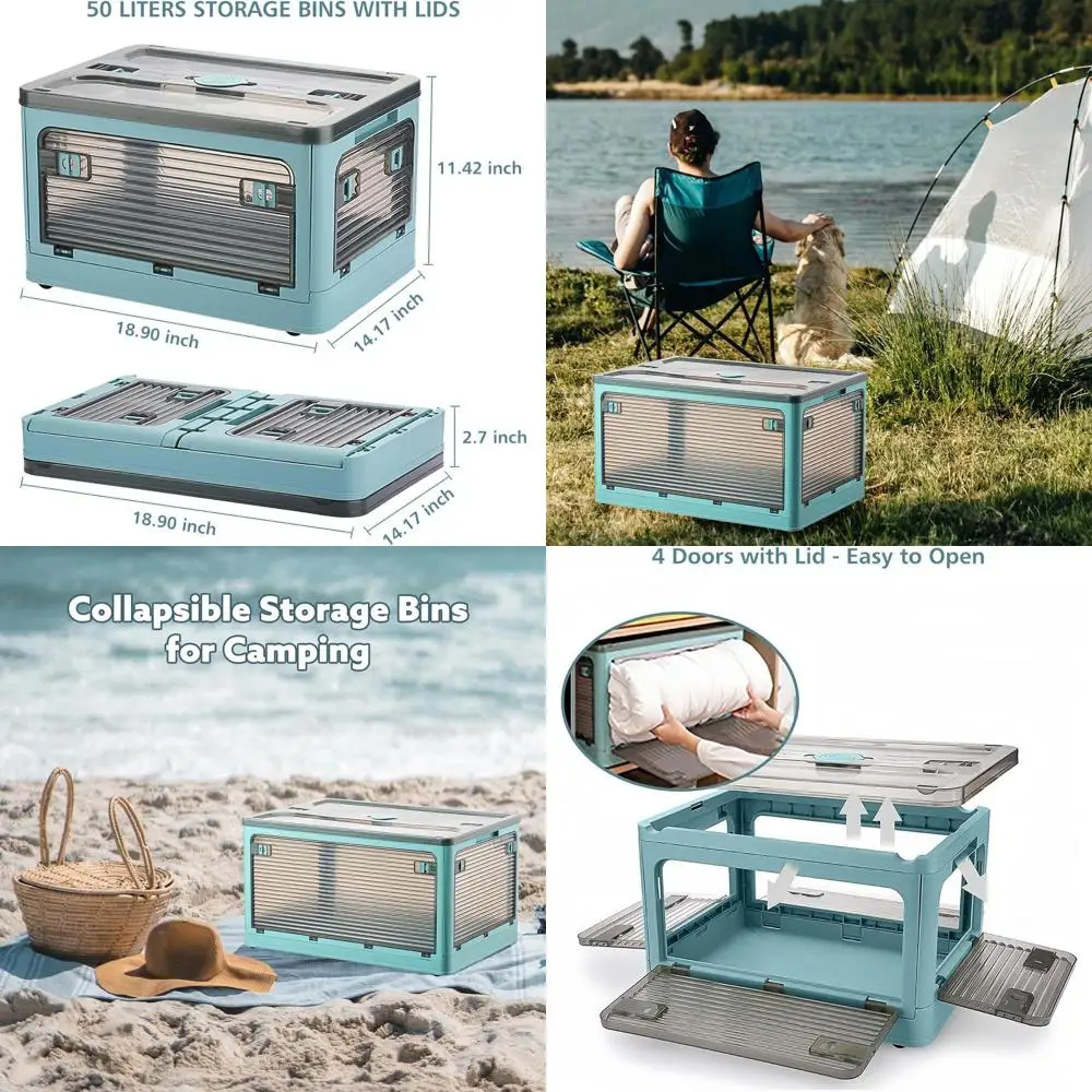 

Collapsible 4-Door Storage Bin with Lid & Wheels, 50L Folding Storage Box for Camping, Clothes, Snacks
