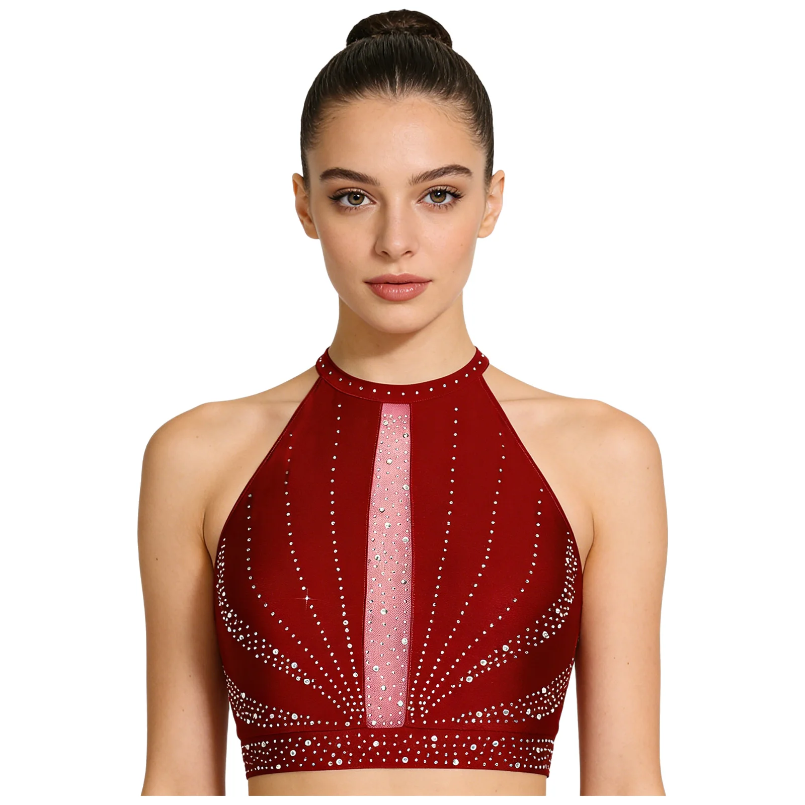 Damen Modernes Lyrisches Tanz-Skating-Gymnastik-Crop-Top mit Glitzersteinen und Transparentem Netzstoff, Tanzweste, Bauchtanz-Kostüm