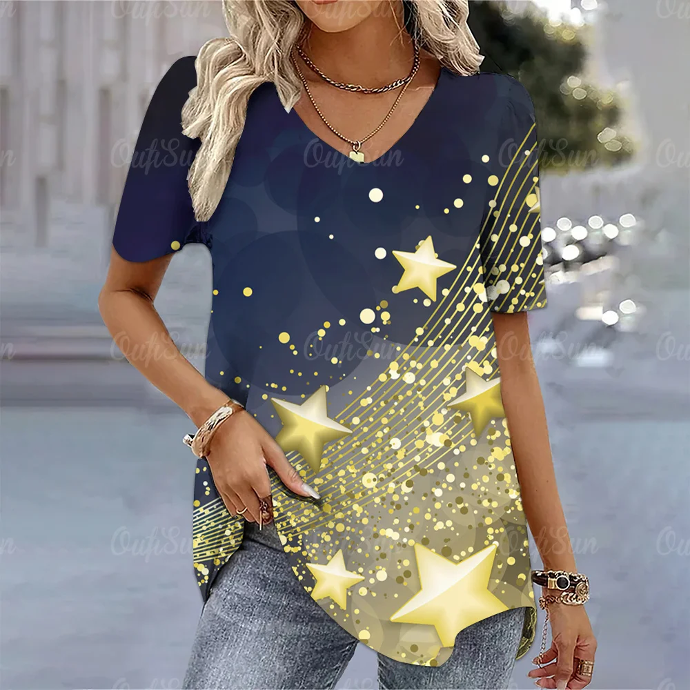 Christmas Theme Print Women T Shirts Short Sleeve Tees Happy Funny Fashion Ladies Clothing V-Neck Oversized Pullover T-Shirts