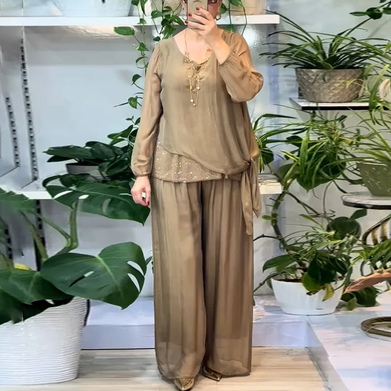 

2025 летние модные женские винтажные повседневные модные свободные однотонные комплекты из 2 предметов, футболки с длинными рукавами и круглым вырезом, широкие брюки