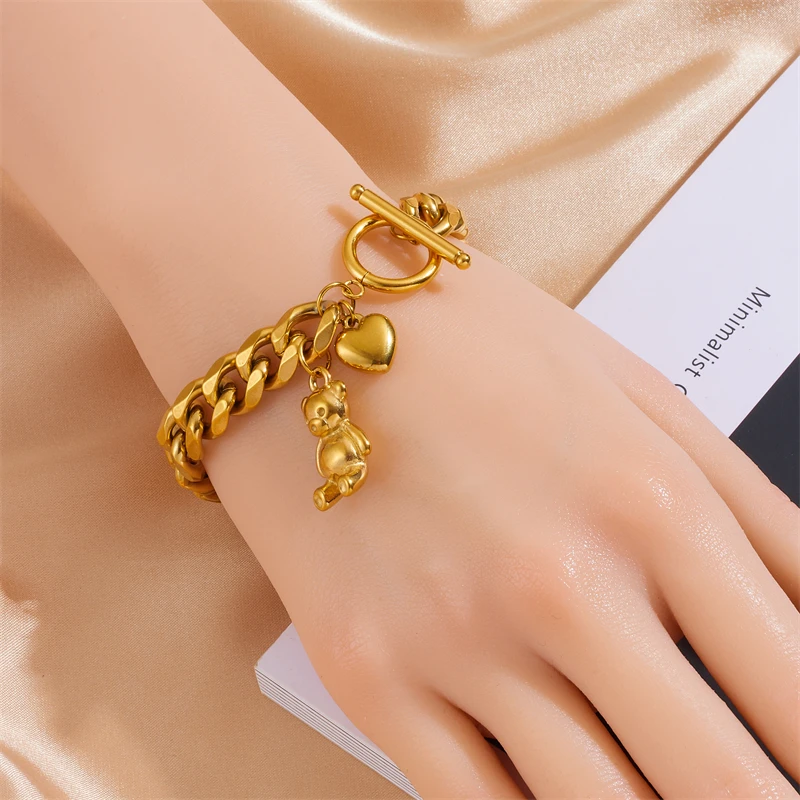 DIEYURO 316L Stainless Steel Cute Bear Charm Bracelet For Women New Gold-plated Wrist Chain Jewelry Party Gift pulseras mujer