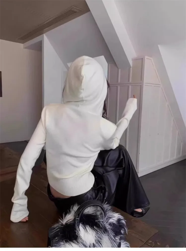 เสื้อสเวตเตอร์ถักแฟชั่นผู้หญิงทรงสลิมลำลองแบบสั้นมีฮู้ดเสื้อพูลโอเวอร์