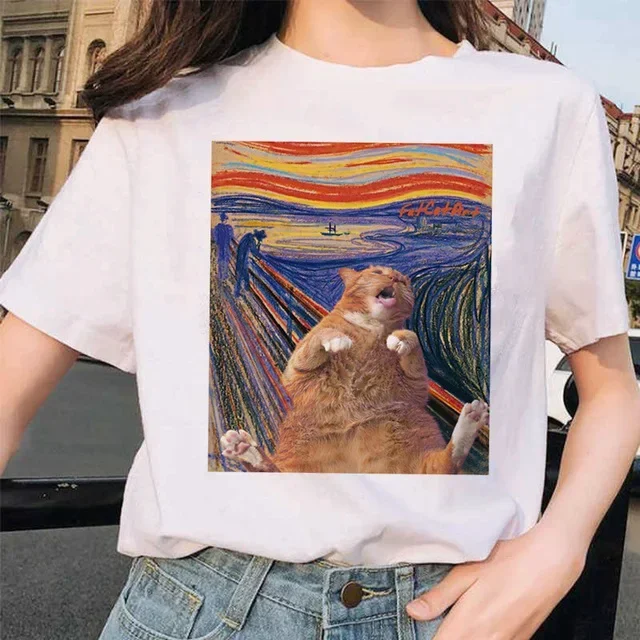 Women Clothes Summer Fashion Trendy Casual TShirt Van Gogh Cat Van Gogh Cat Art Oil Painting Printed T-Shirt Aesthetic Clothes