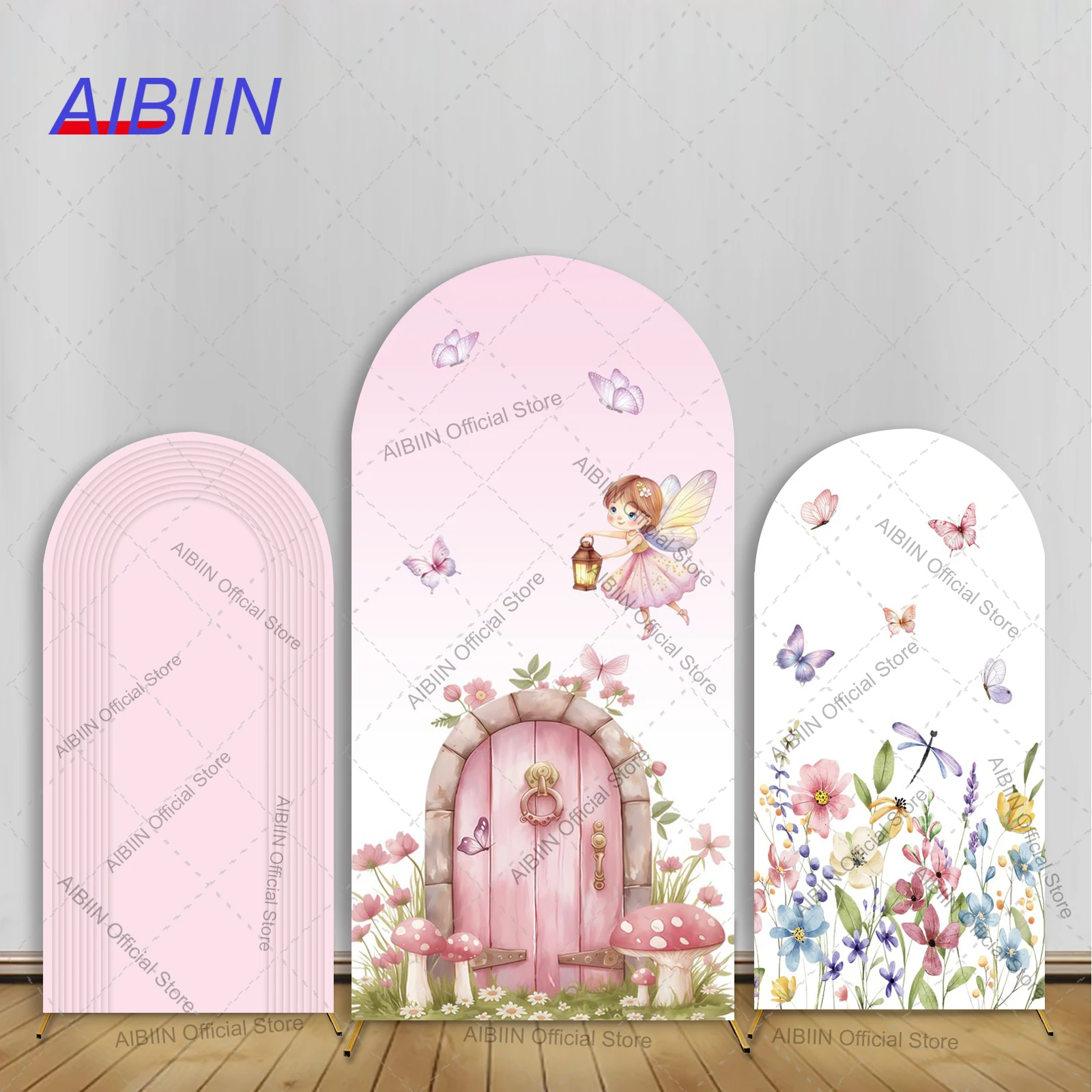 

Фея тема девушка день рождения арка фон крышка бабочка полевой цветок гриб двери полосатый детский душ вечерние Декор фон